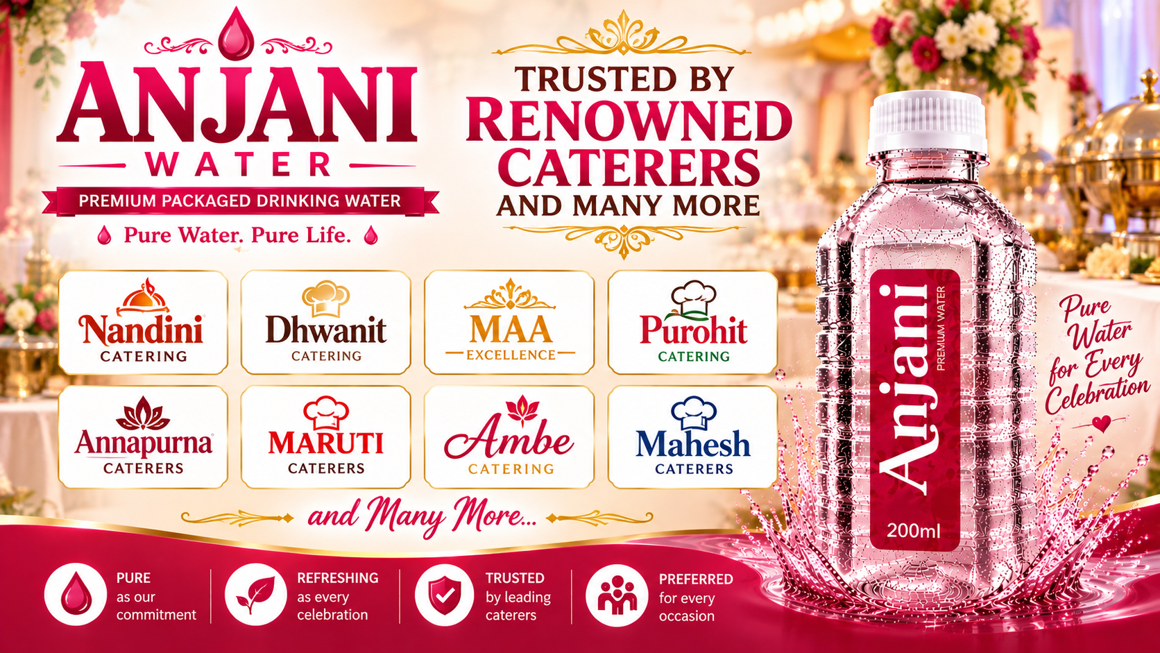 Anjani Water Trusted by Renowned Caterers - Nandini Catering, Dhwanit Catering, Maa Excellence, Purohit Catering, Annapurna Caterers, Maruti Caterers, Ambe Catering, Mahesh Caterers and Many More